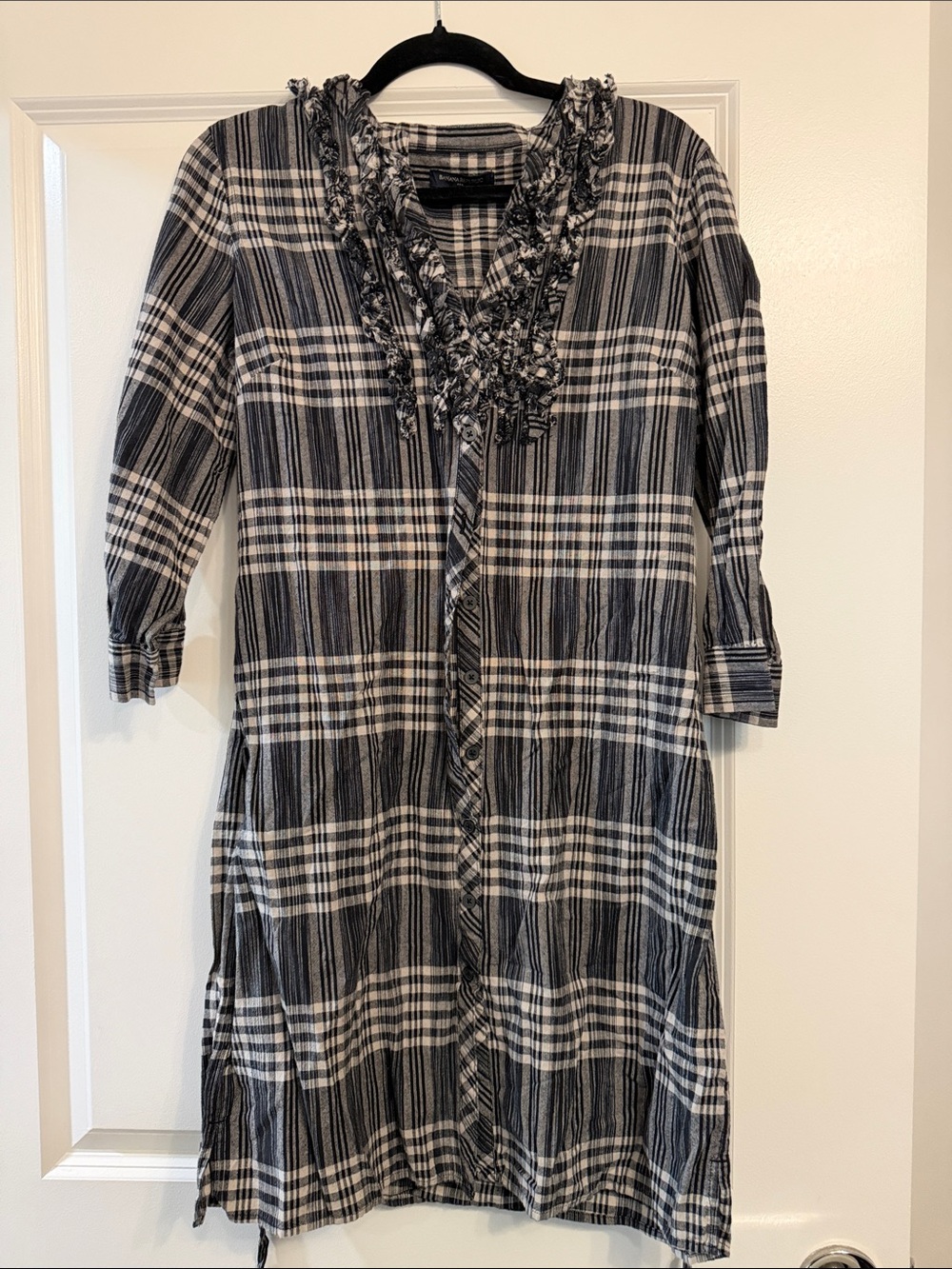 Banana Republic Black and White Plaid Ruffle-Trim Midi Dress